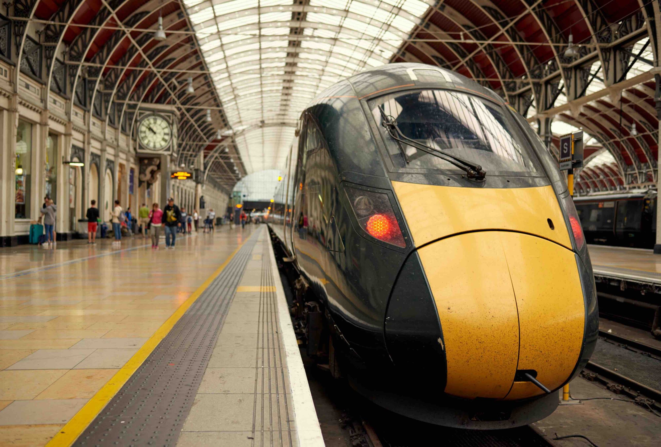 The front of a train at a train station platform in London. (Ultimate Cheap Weekend Trip to London)