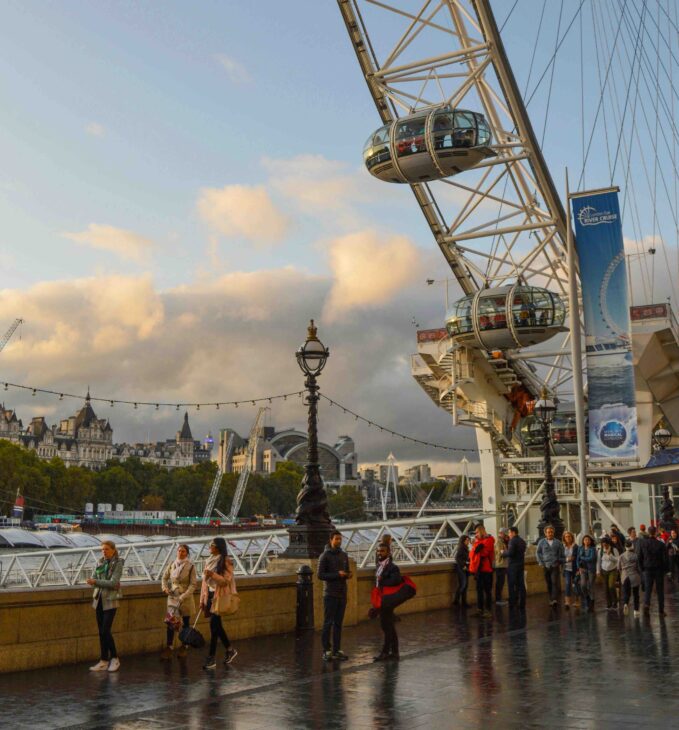 A close up of the London Eye on the South Bank Scenic Riverside Path